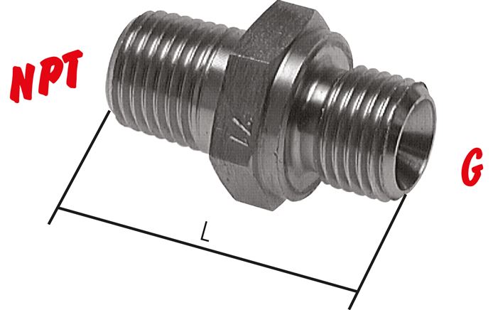 Exemplaire exposé: Mamelon double avec filetage G/ filetage NPT, 1.4571